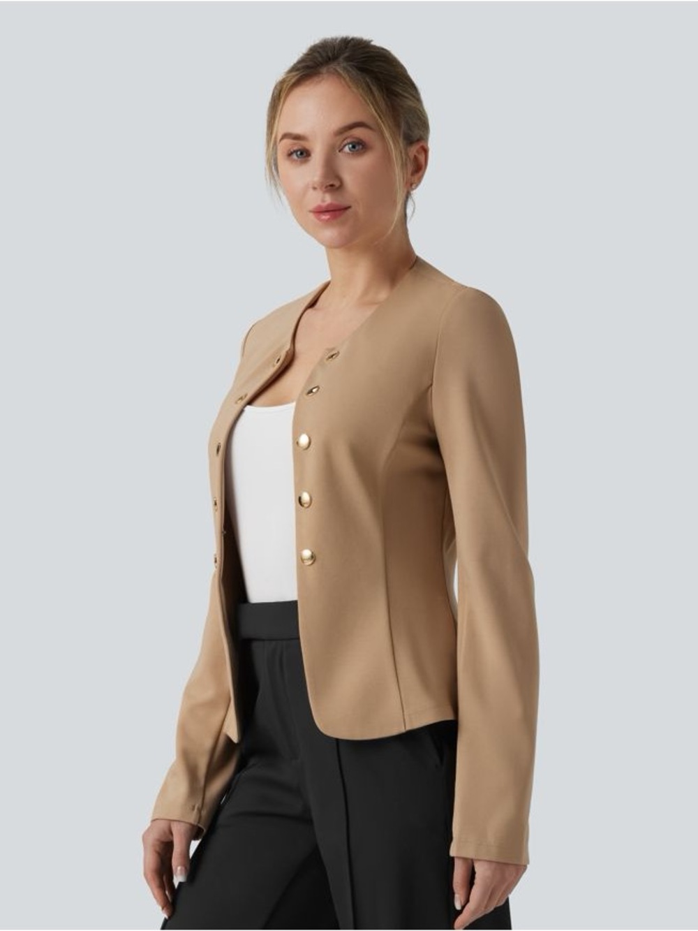 NWT- HALARA Round Neck Decorative Button Tan Work Blazer